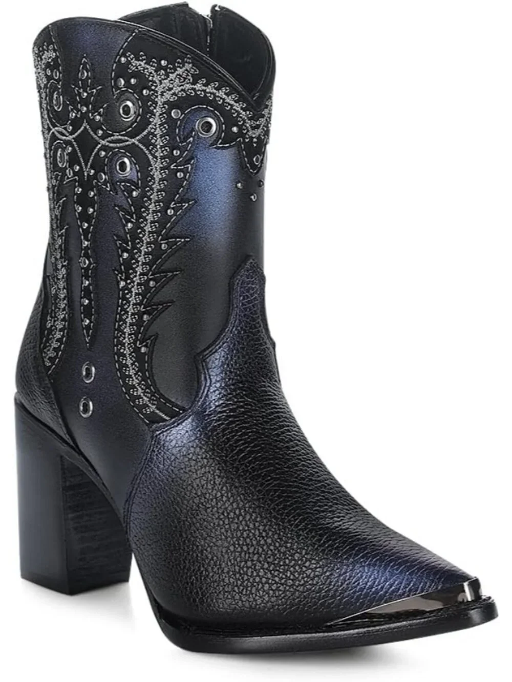 Women's Black Elegance Cowgirl Metallic Toe Cap Leather Western Ankle Booties